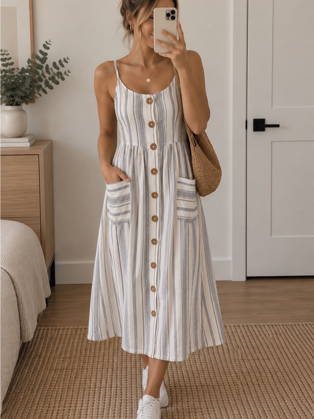 Roxy Blue and White Striped Button-Front Midi Dress